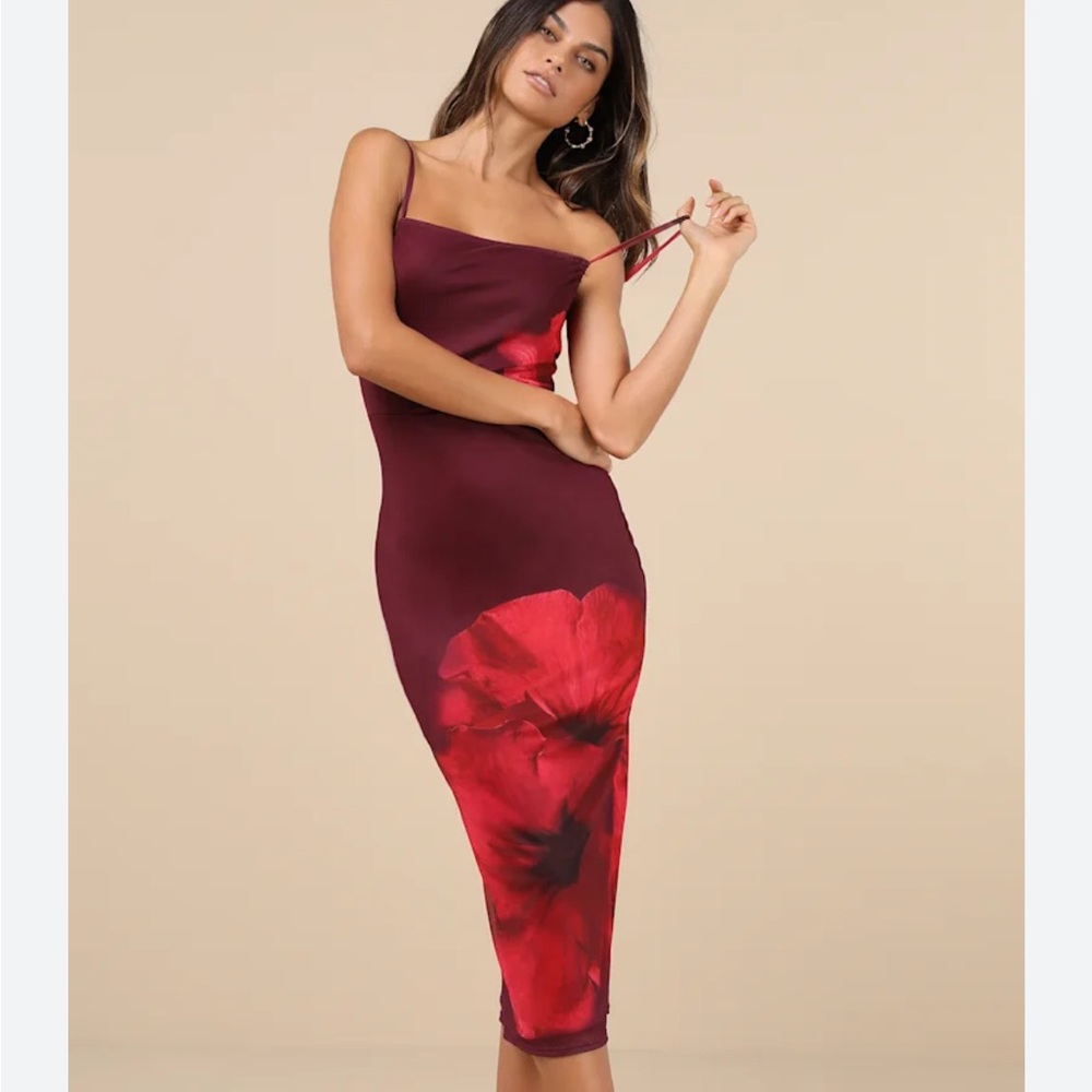 Lulu's Jaela Burgundy Floral Mesh Sleeveless Bodycon Midi Dress